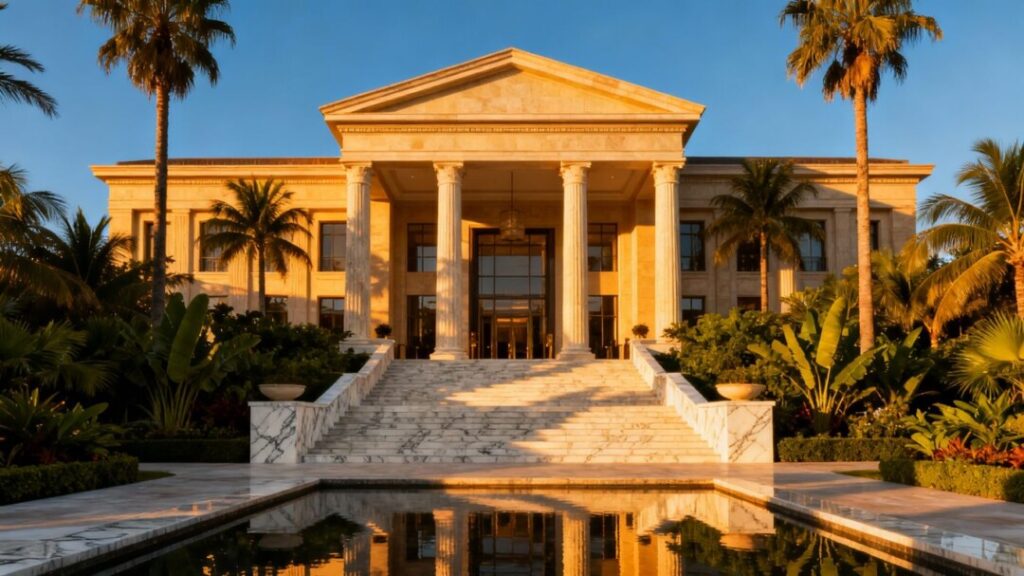 Trump Presidential Library building in Miami with palm trees.