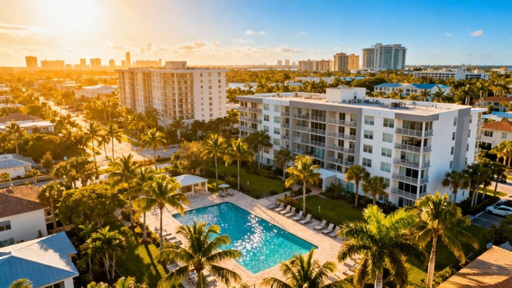 Florida condos and palm trees under sunny sky