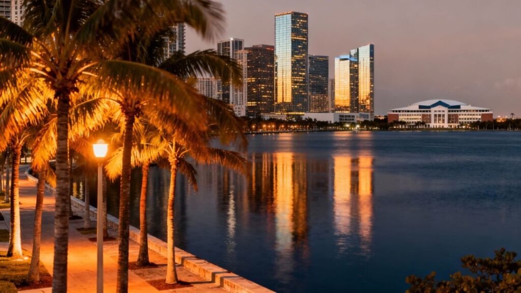 Miami skyline and bay at sunset.