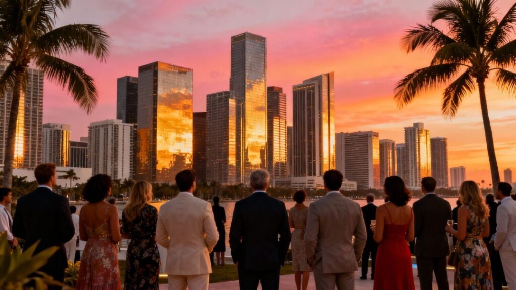 Miami skyline with investors looking towards the city.
