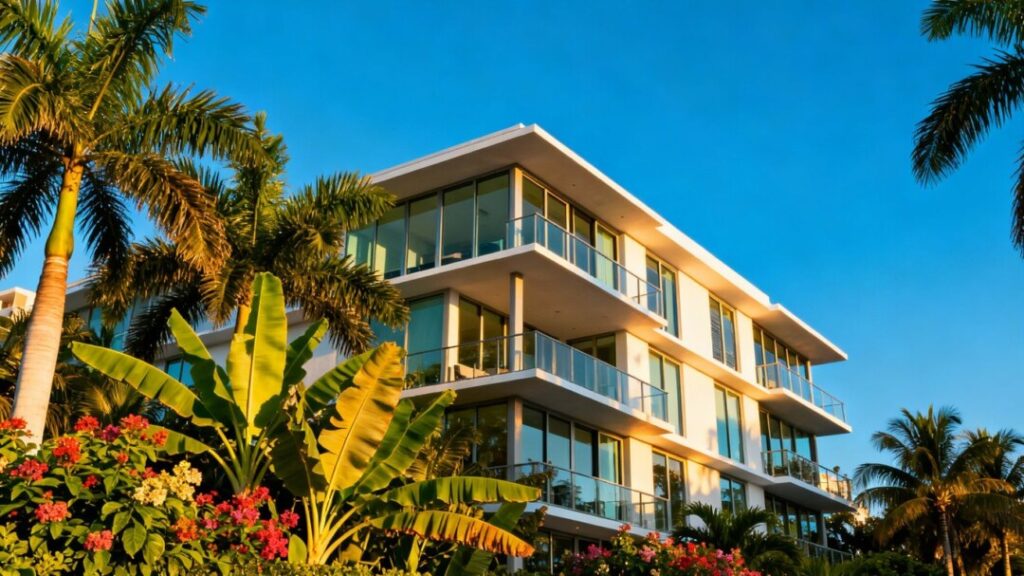Modern residential building in Miami with palm trees.