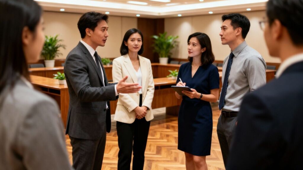 Real estate professionals networking at a summit.