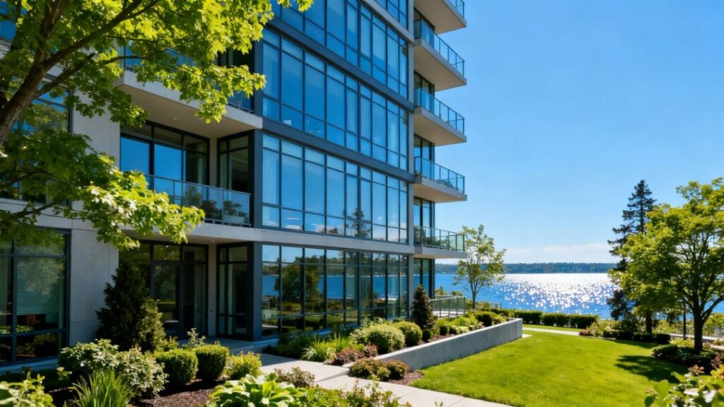 Edgewater condominium building with water view.