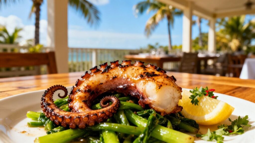 Grilled octopus tentacle with lemon and herbs.
