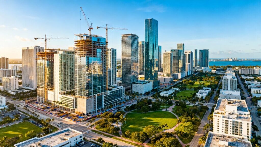Midtown Miami skyline with construction cranes and new developments.
