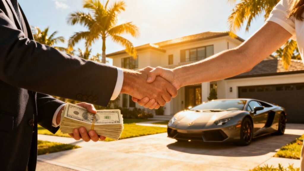 Florida house cash sale with handshake and sports car