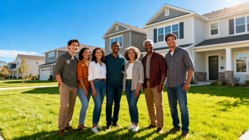 Happy homebuyers in front of modern suburban houses.