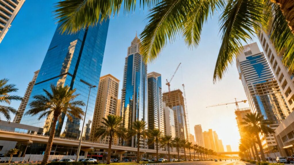 Downtown Florida skyline with new buildings and palm trees.