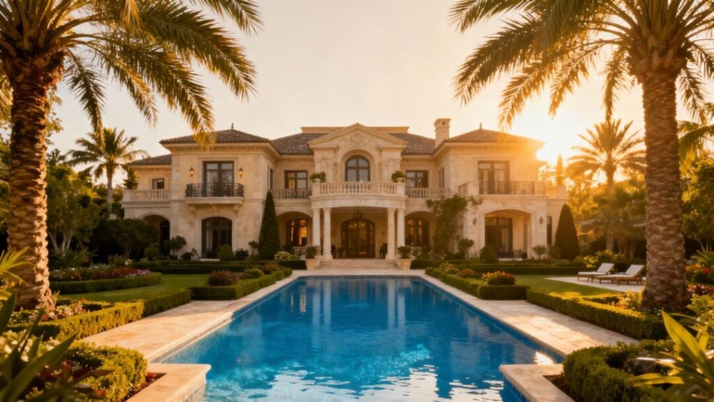 Luxury mansion with pool and palm trees.