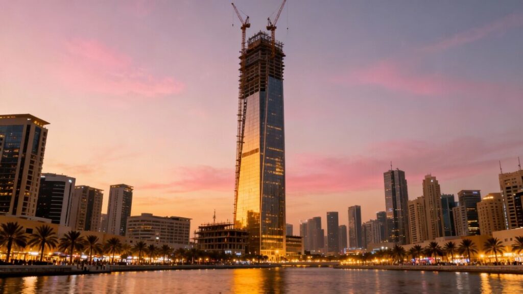 Skyscraper under construction in Miami skyline at dusk
