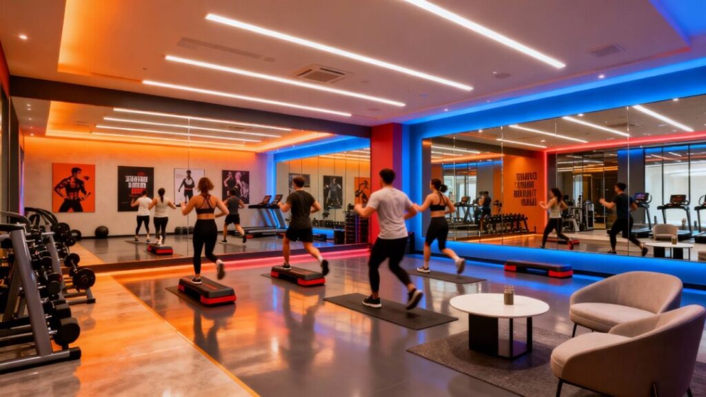 Club Studio fitness hub interior with people working out.