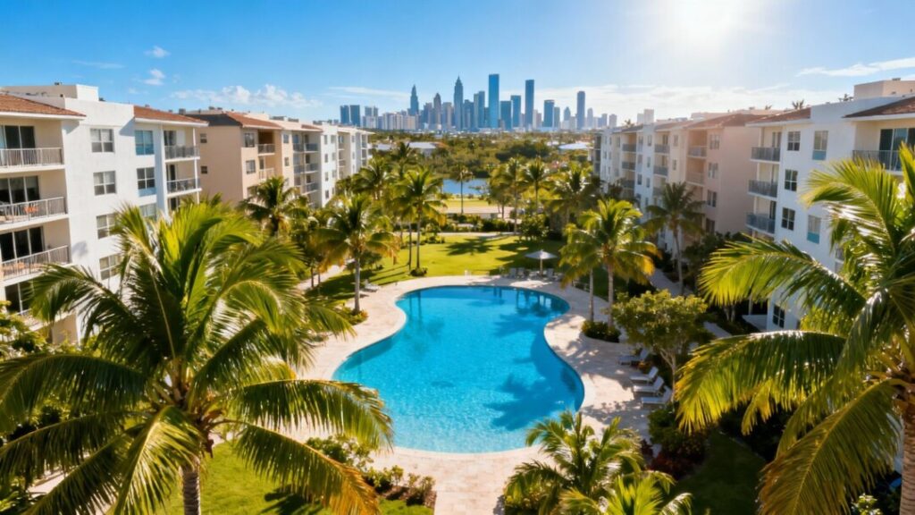 Broward County skyline with residential buildings and palm trees.