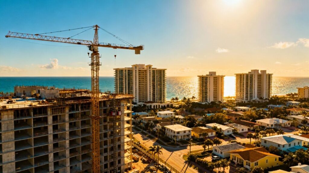 South Florida skyline with condos and ocean.