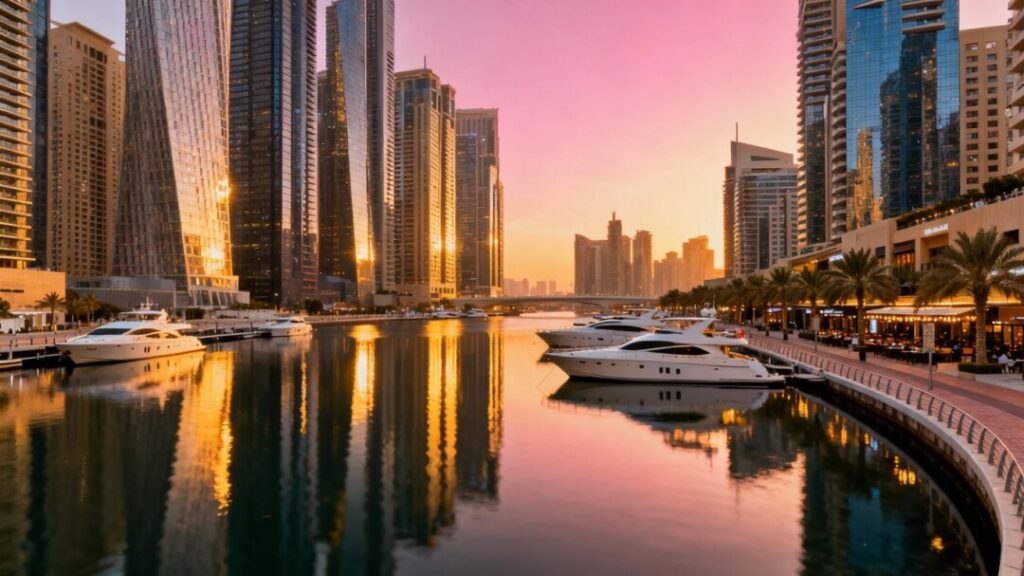Fort Lauderdale skyline and waterways at sunset.