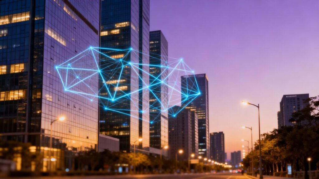 Cityscape with glowing network lines