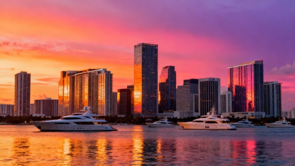 Miami skyline with luxury yachts and skyscrapers at sunset.