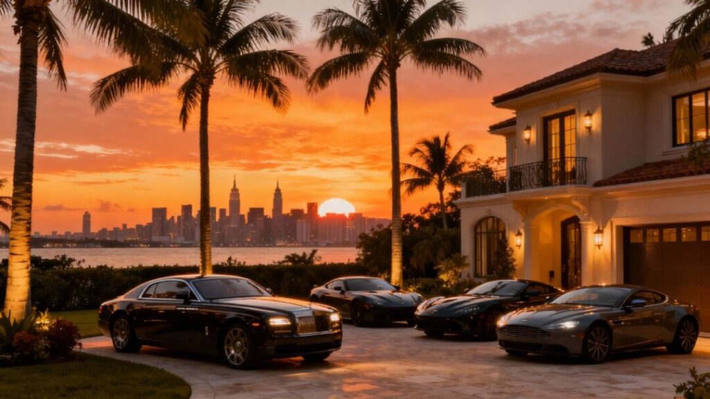 Miami mansion with palm trees and New York skyline