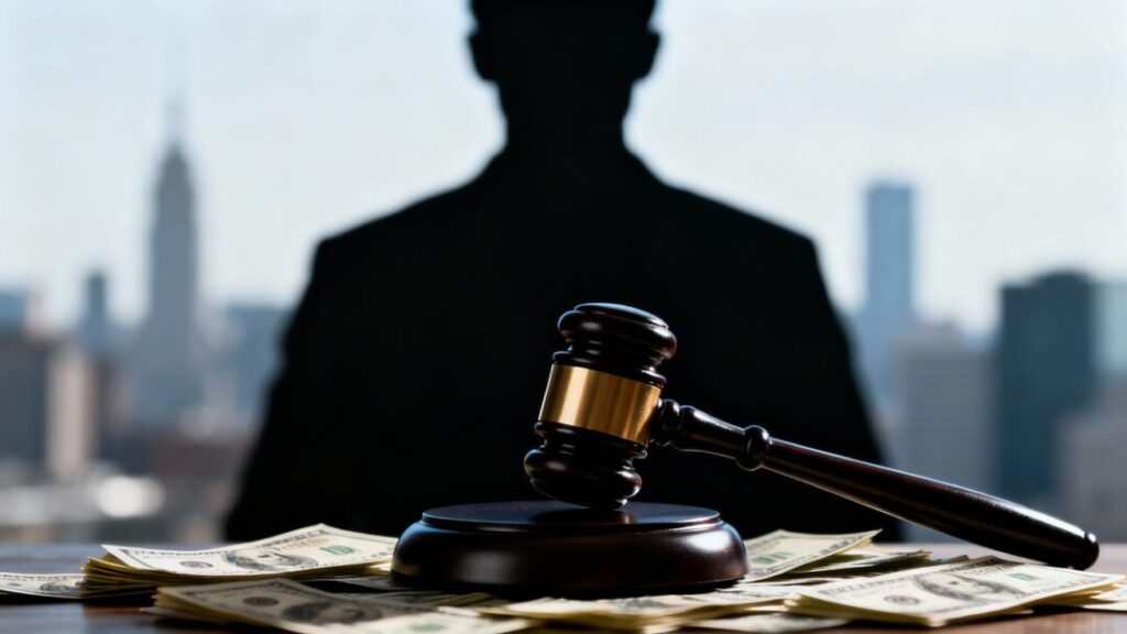 Gavel hitting money, shadowy figure, cityscape.