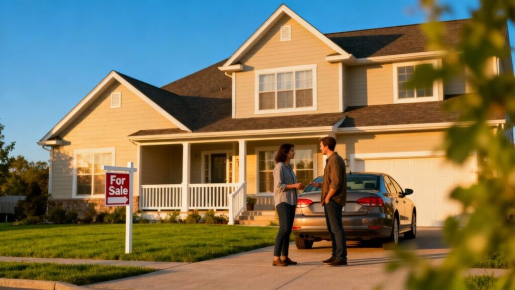 Suburban home with for sale sign and clear sky