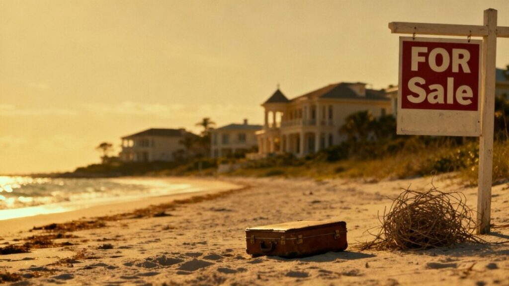 Florida homes with a tumbleweed and abandoned suitcase.
