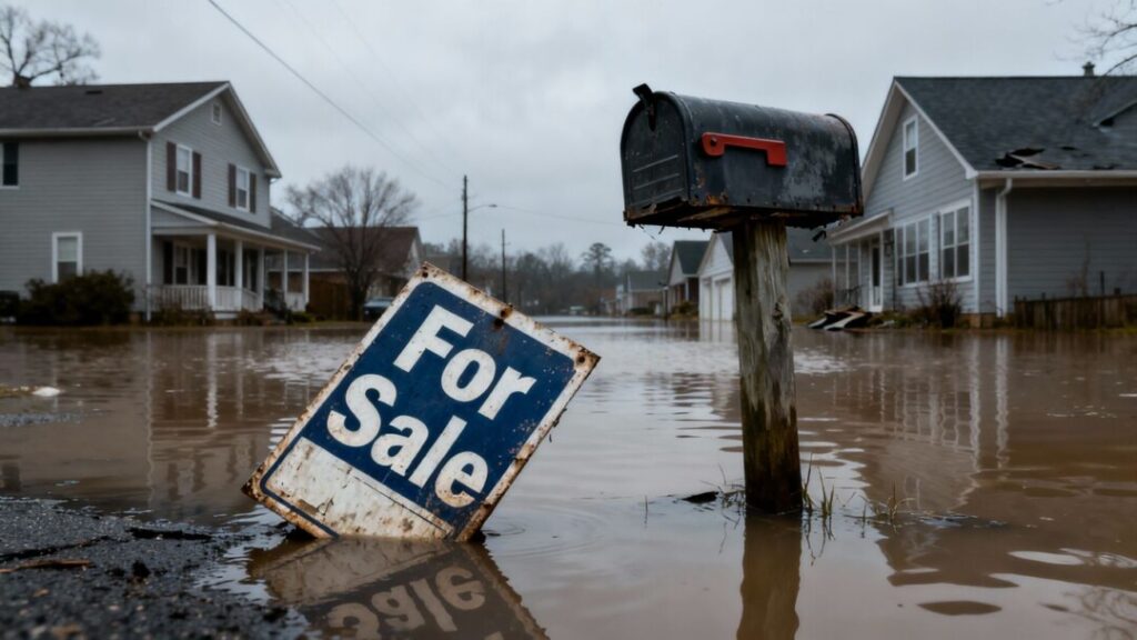 Flooded Florida homes with a waterlogged 'For Sale' sign.