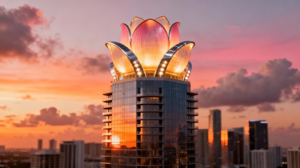 Okan Tower: A Tulip-Inspired Luxury Skyscraper Redefining Miami Living A stunning architectural rendering of Okan Tower reaching into the Miami skyline, showcasing its unique tulip-inspired crown at sunset