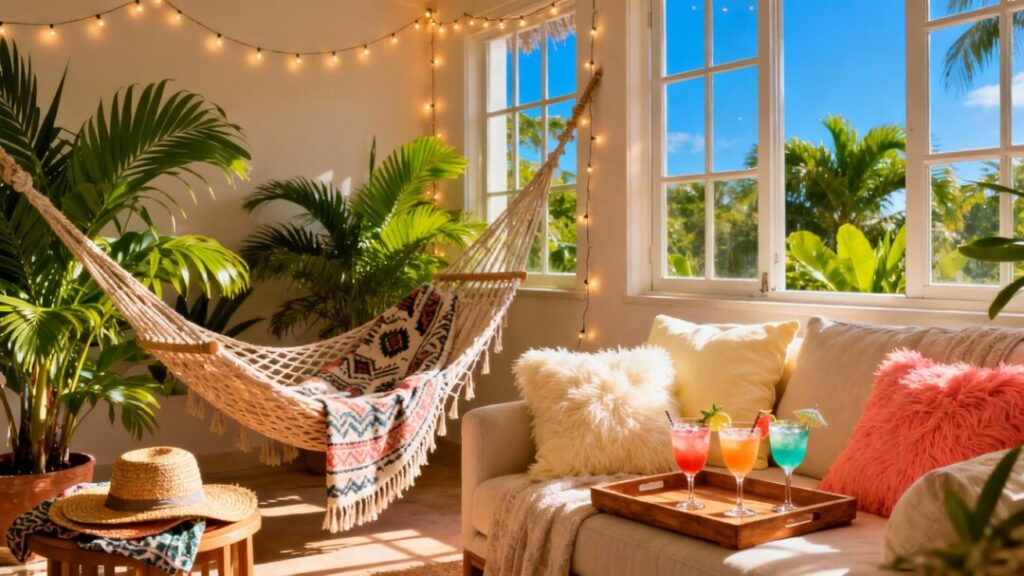 Sunlit living room with hammock and tropical plants