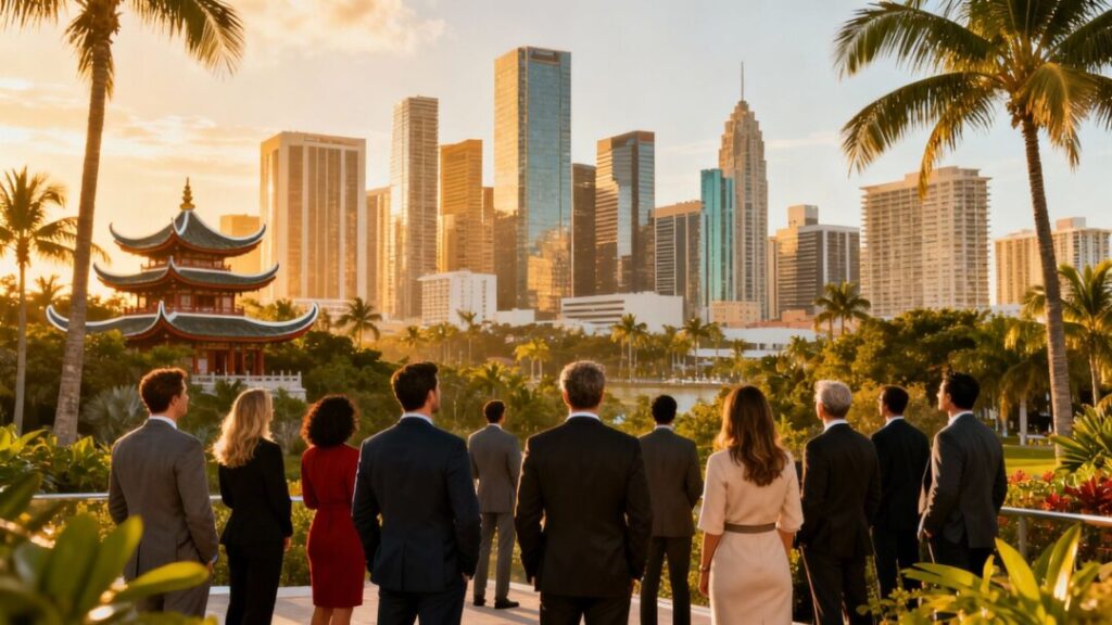 Chinese Investors Show Strong Interest in South Florida Real Estate Despite Legal Hurdles South Florida skyline with investors looking towards buildings.