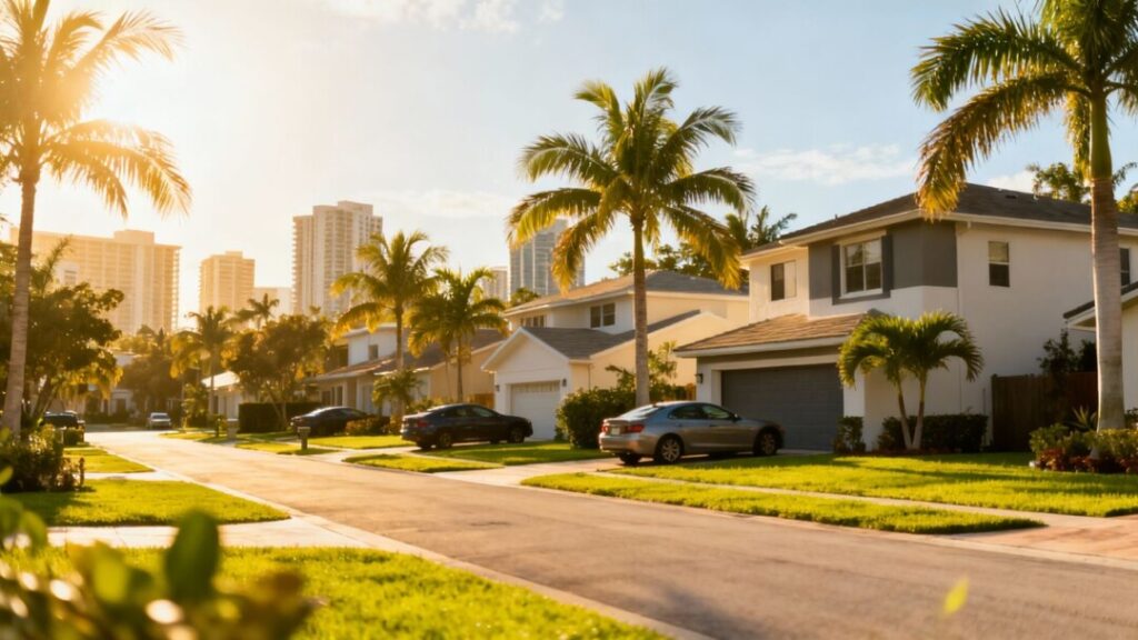 Broward County modern homes with palm trees under sunshine