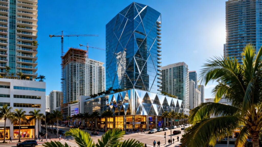 Florida city skyline with new skyscrapers and palm trees