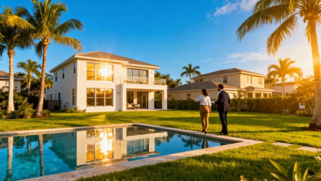 Florida homes with pool, palm trees, house tour scene