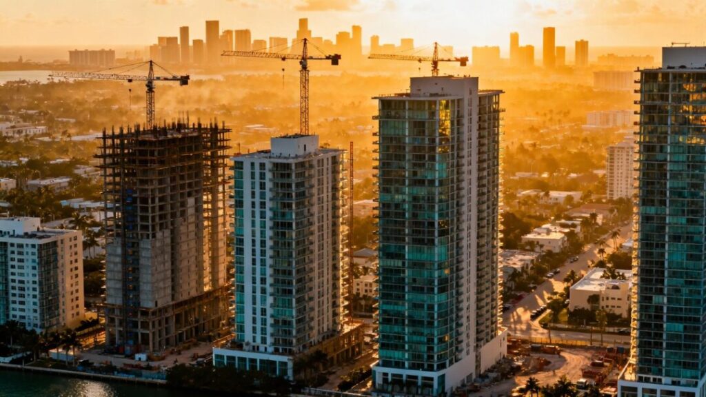 Miami housing project construction with cranes and buildings.