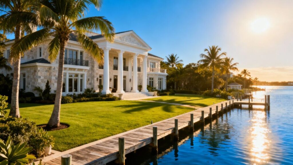 Luxury waterfront mansion in Tampa with palm trees and private dock.