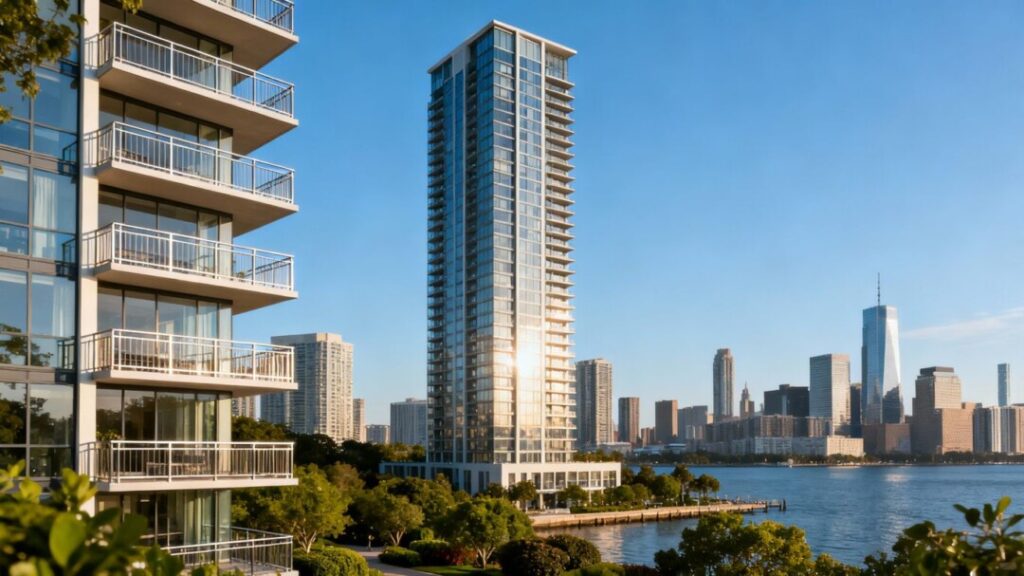 Modern high-rise tower near waterfront in cityscape