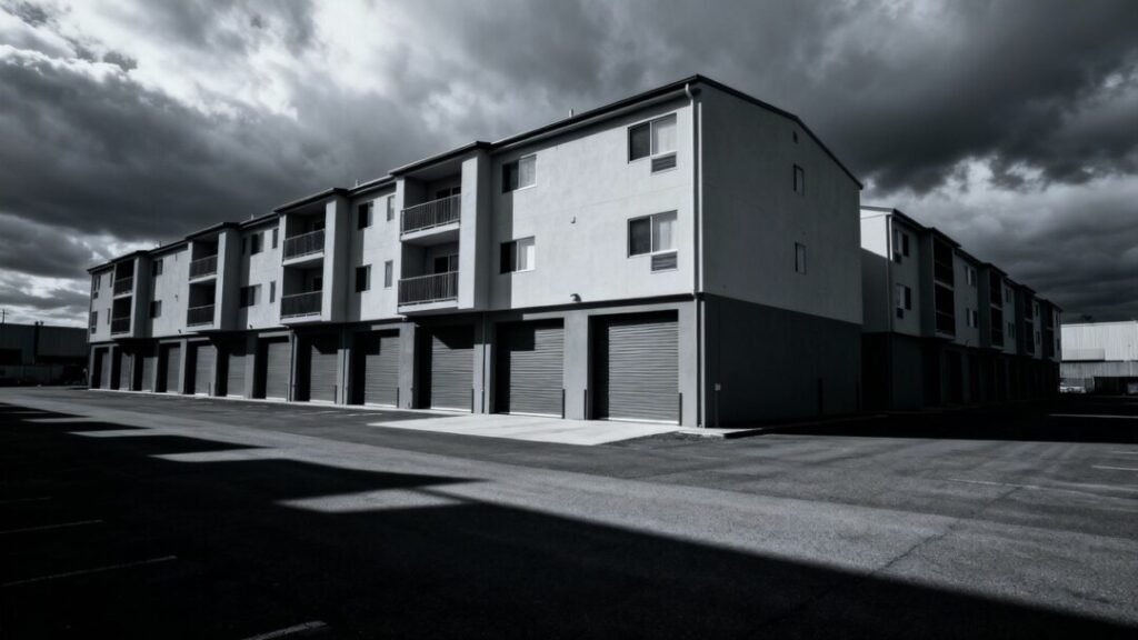 Palm Beach County Industrial Condos Face Foreclosure Auction Amid Legal Battles Industrial condominium building under a cloudy sky.