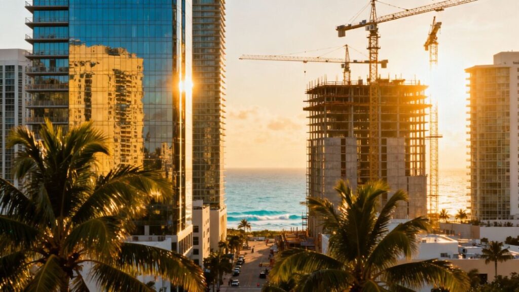 South Florida skyline with skyscrapers and palm trees.