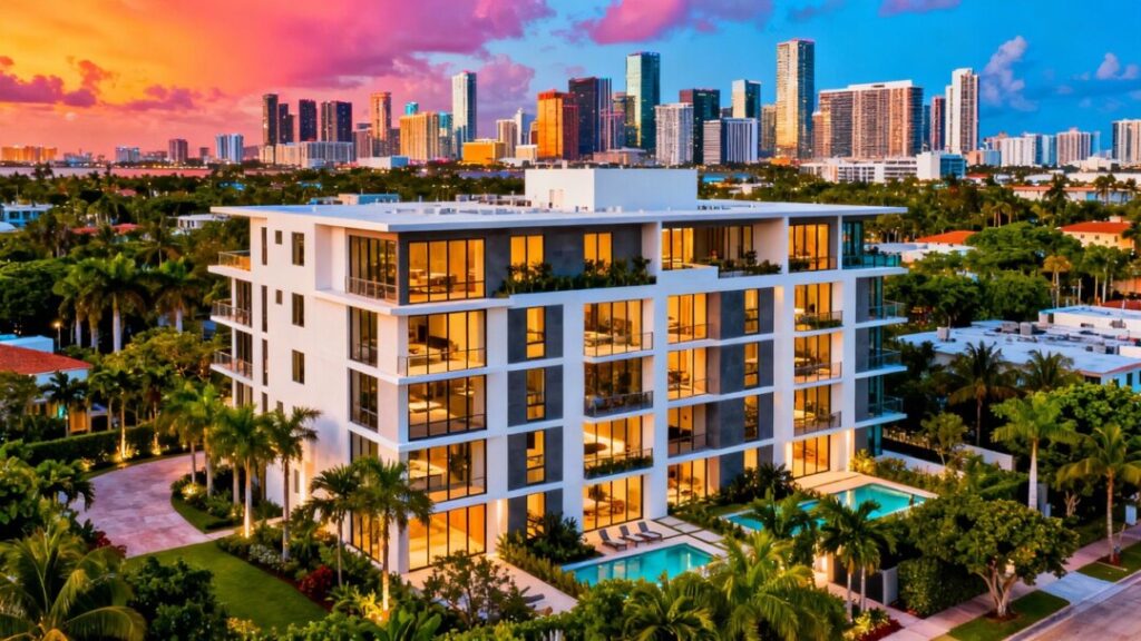 Modern Miami residences with bold design and lush greenery.