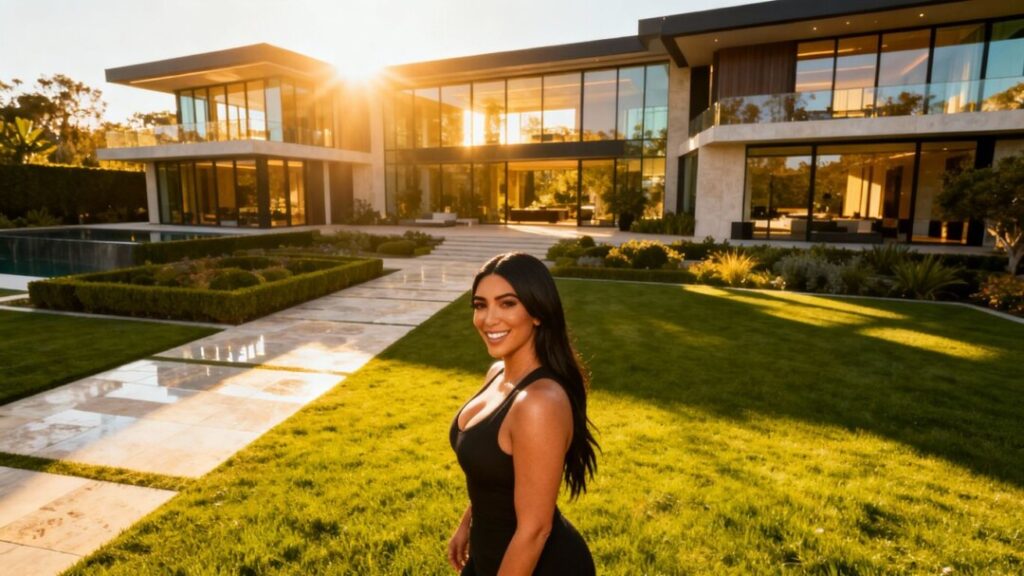[Kim Kardashian] poses in front of her new luxury mansion.
