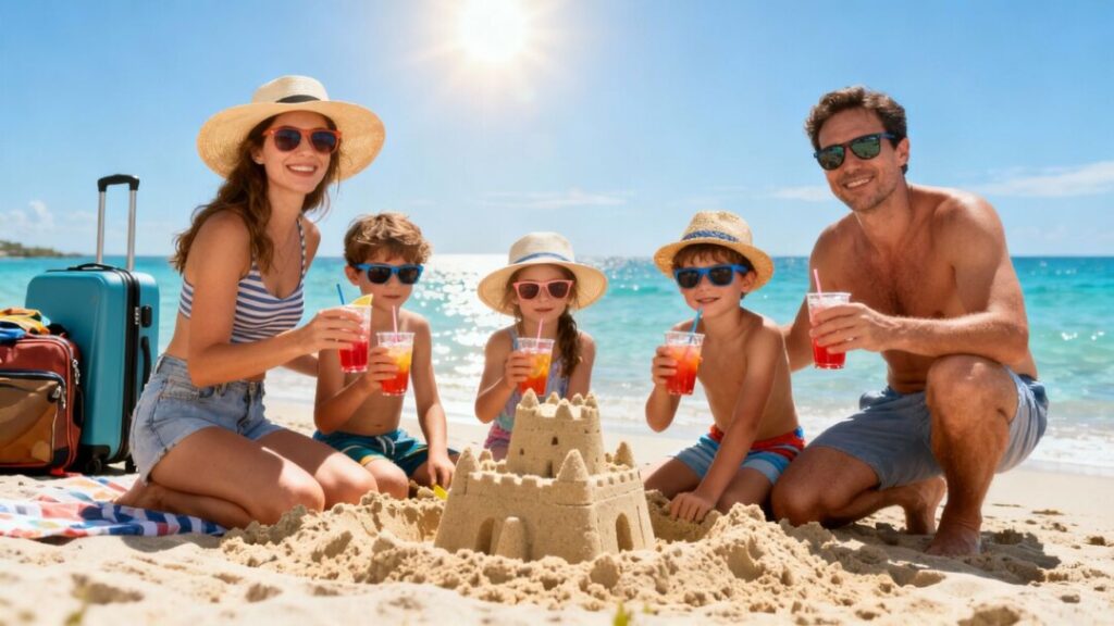 Family enjoying safe summer travel at the beach
