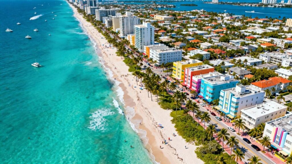 Miami neighborhoods with beaches, palm trees, and architecture.