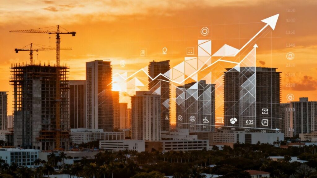 South Florida skyline with new construction and financial graphic.