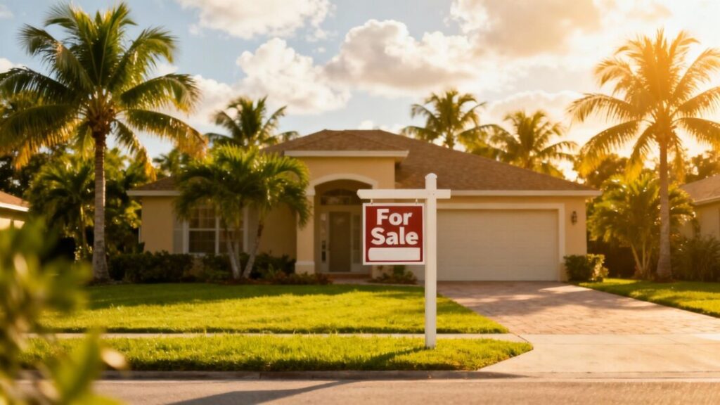 Florida house for sale with palm trees and cloudy sky.