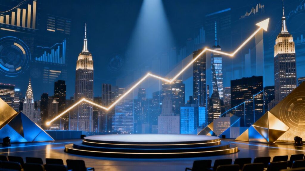 New York cityscape with financial graphics for conference.
