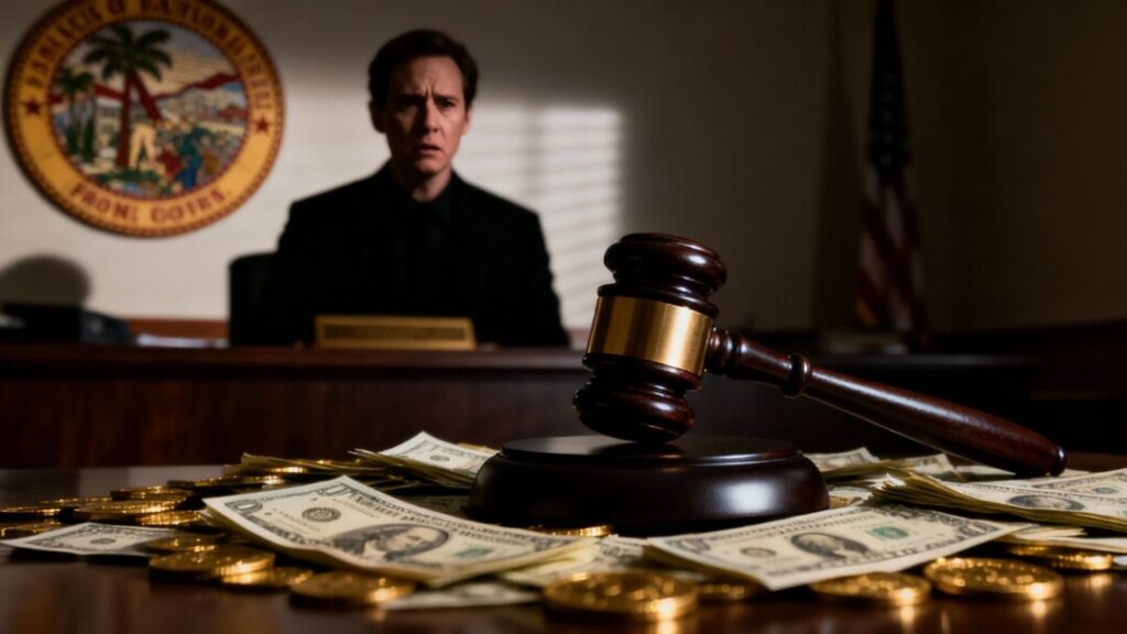 Gavel hitting money, shadowy figure, Florida seal.