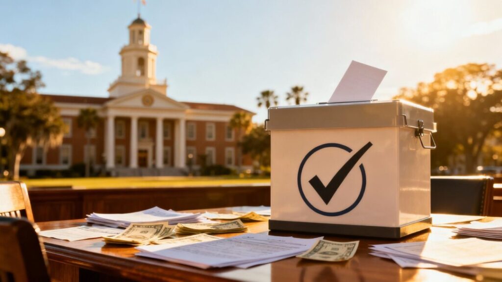 Florida Capitol building and ballot box with legislative documents.