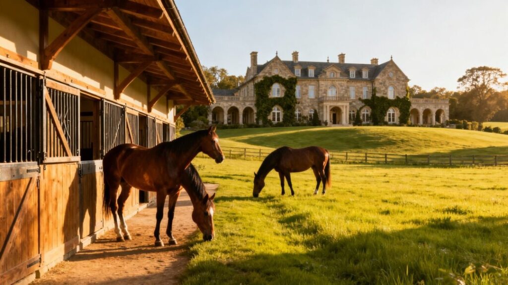 Equestrian estate with horses and manor house.