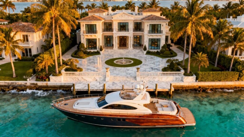 Luxurious Fisher Island mansion with private yacht and ocean view.