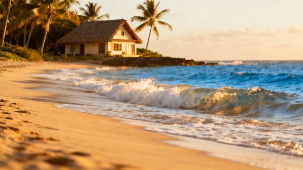 Beach cottage with ocean waves and palm trees.