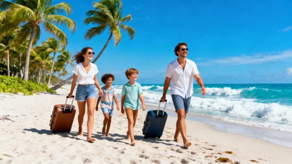 Happy family arrives at sunny Florida beach
