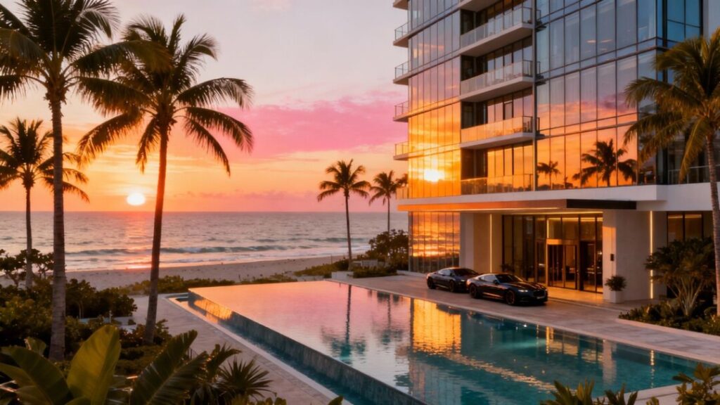 Modern beachfront luxury high-rise with palm trees and pool